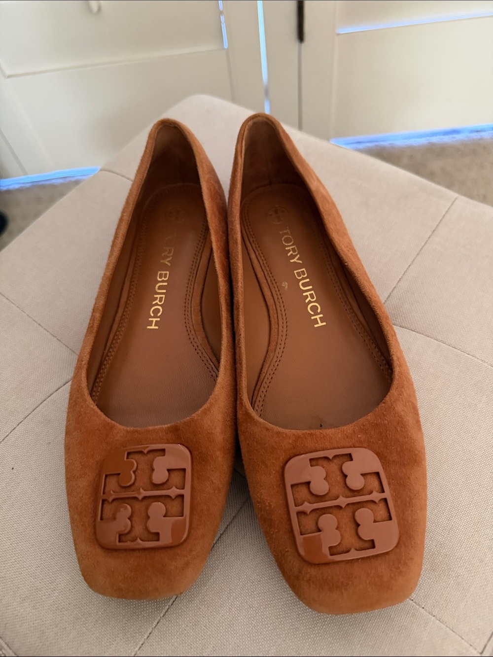 Tory Burch Suede Logo Square-Toe Flats in Chestnut